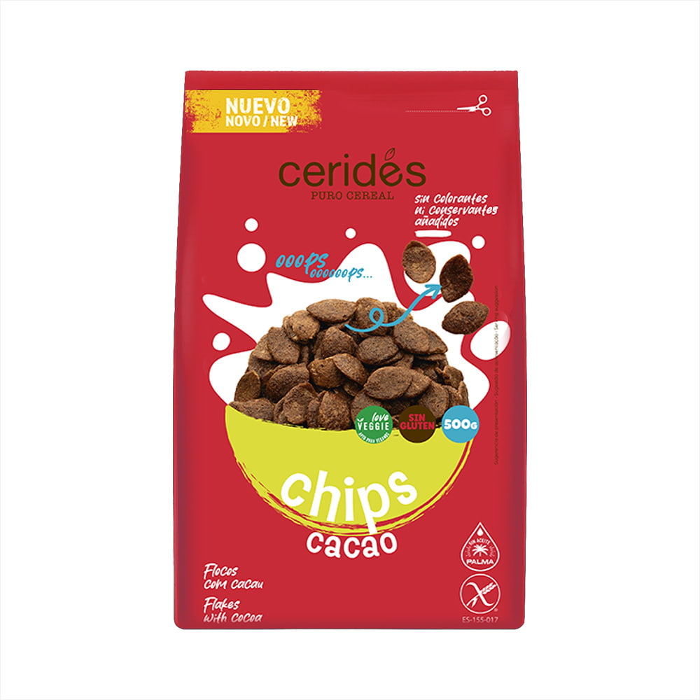 CEREAL CHOCO CHIPS DE MAÍZ Y ARROZ SIN GLUTEN CERIDES BOLSA 500 G