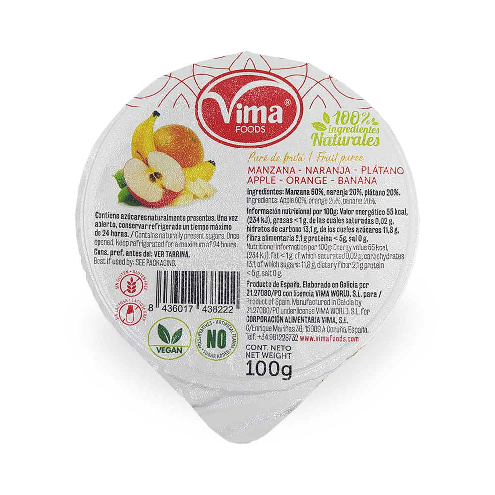 COMPOTA DE  MANZANA-NARANJA-PLATANO, 100GR VIMA